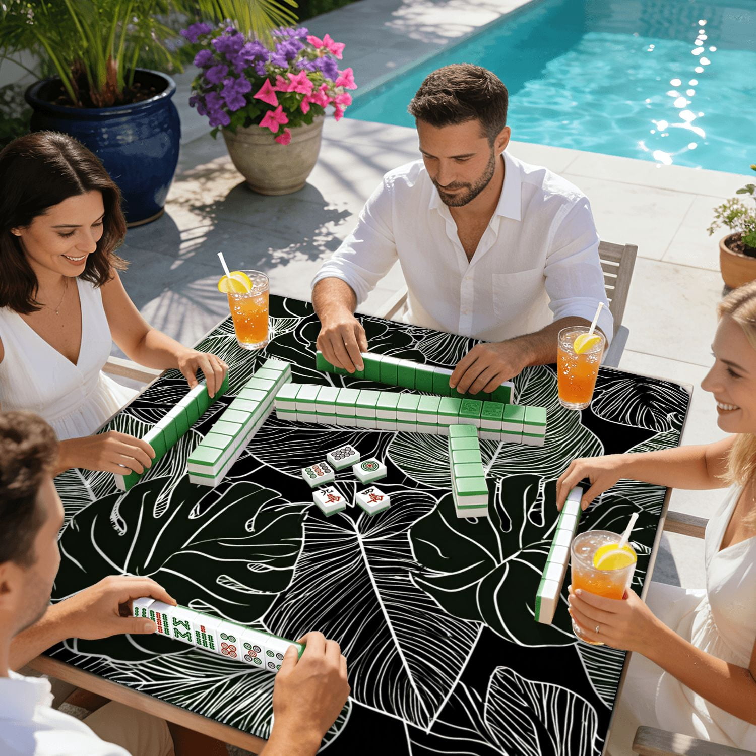 Mahjong Mat 31.5" x 31.5" white graphic tropical leaves seamless Non-Slip Noise Reduction American Mahjong Tiles Table Cover for Dominoes Poker Card Board Games Gift