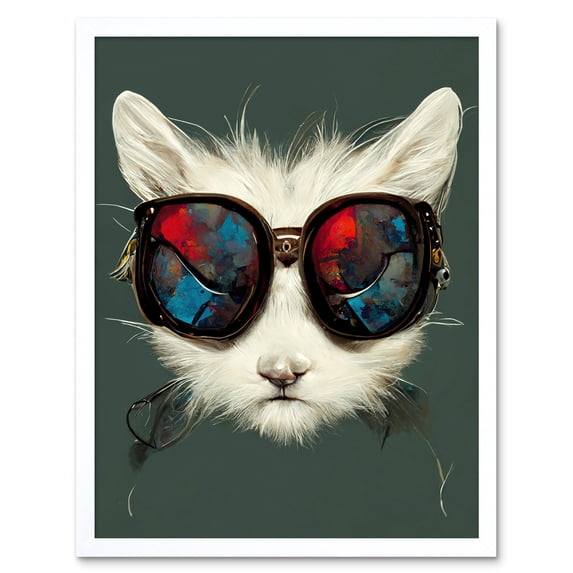 White Cat Head With Aviator Sunglasses Painting Art Print Framed Poster Wall Decor 12x16 inch
