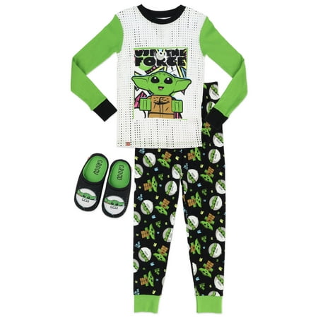LEGO Star Wars Boy s Pajama Set  Grogu 2-Piece Cotton Long Sleeve and Lounge Pants with Bonus Slippers  Green  Little Kid Size 10