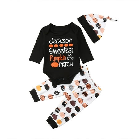Autumn Long Sleeve Letter Halloween Pumpkin Bodysuits Pants Hat Outfits Girl Clothing Newborn Baby Boys Girls Clothes Set 3PCs