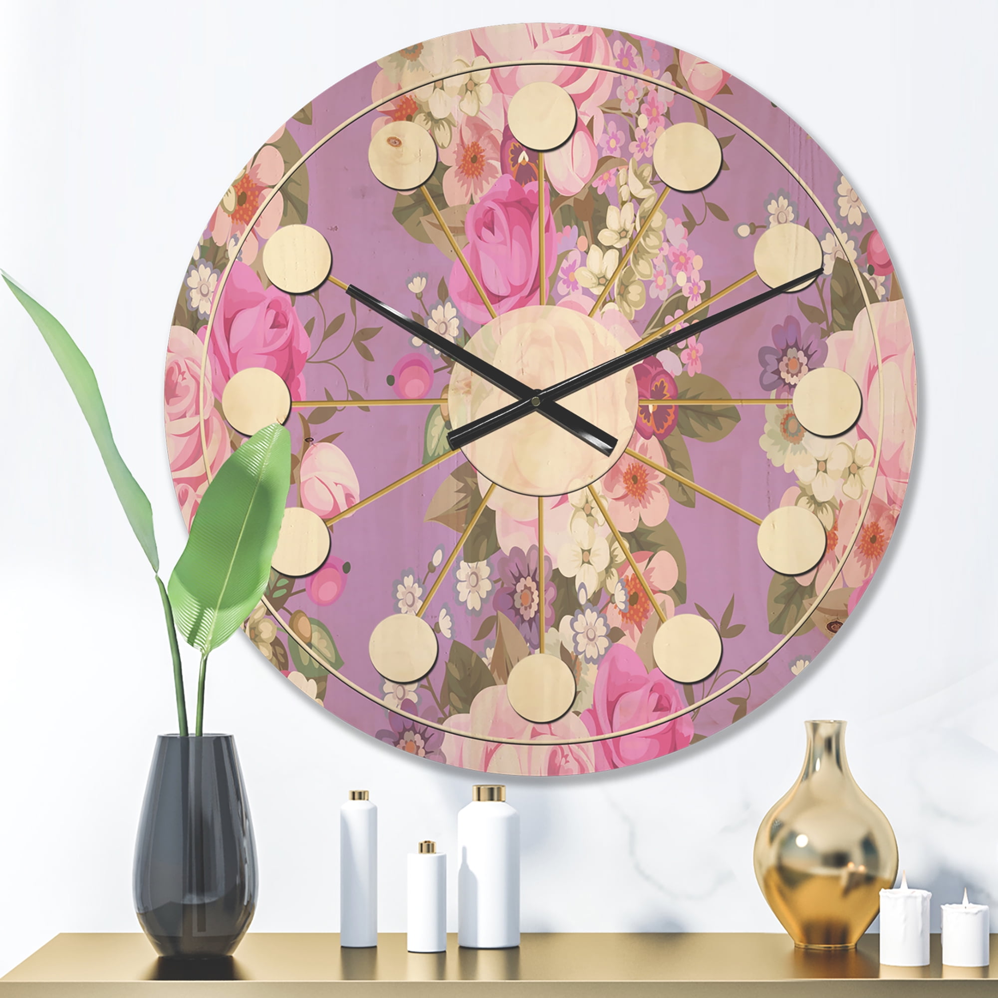 Designart 'Country Roses With Pattern' Mid-Century Modern Wood Wall Clock