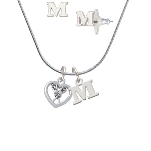Lacrosse Sticks on Open Heart - M Initial Charm Necklace and Stud Earrings Jewelry Set