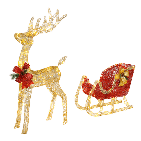 Golden Elk Deer Sled, Courtyard Elk Decoration,Lighted Christmas Reindeer & Sleigh Outdoor Yard Decoration Set w/ 180 LED Lights, Stakes, Zip Ties - Gold