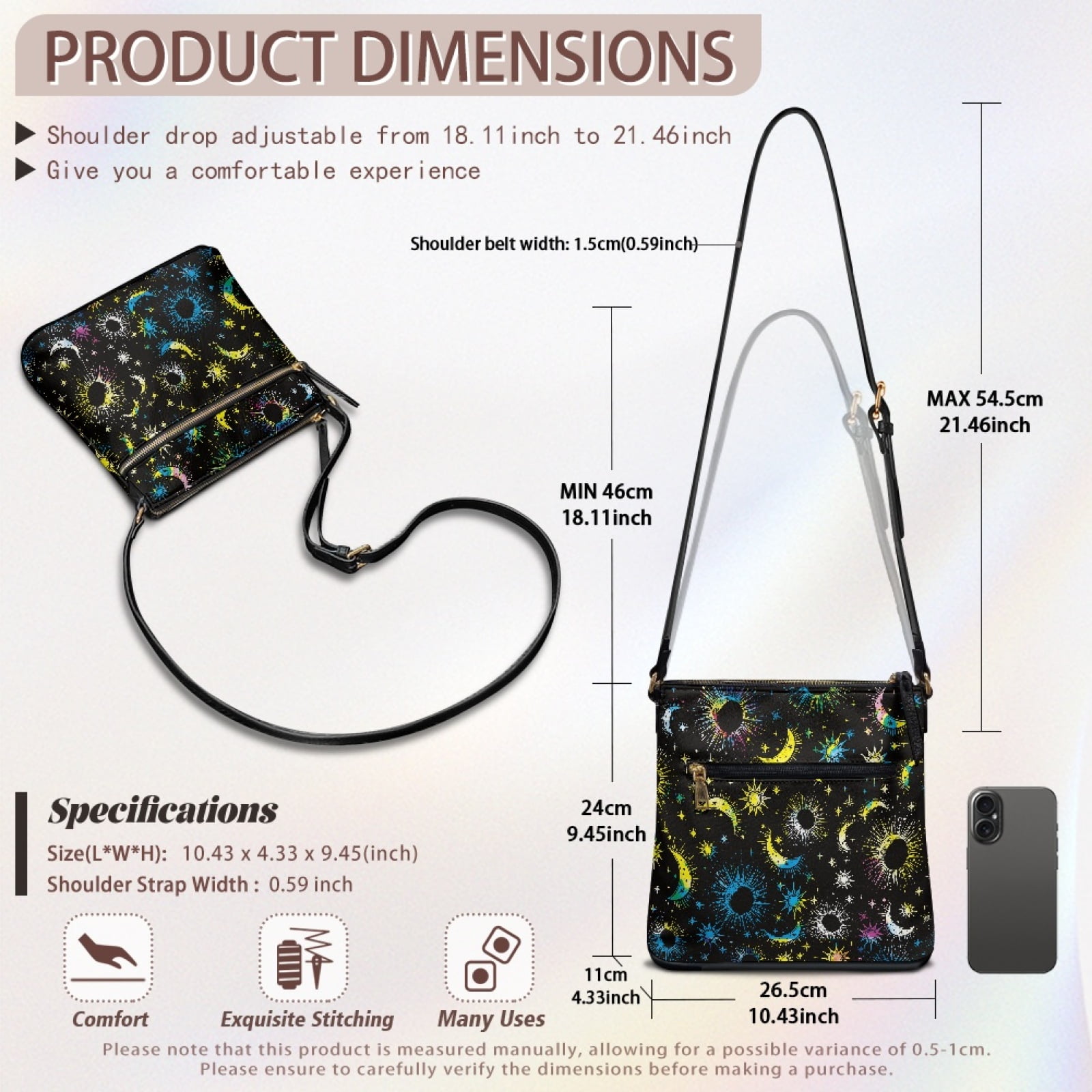 LedBack Sun Moon Crossbody Bags for Women Satchel Purse Hobo Bag with Adjustable Strap, Leather Shoulder Handbag Multi Pocket Messenger Bag for Travel Work, Black