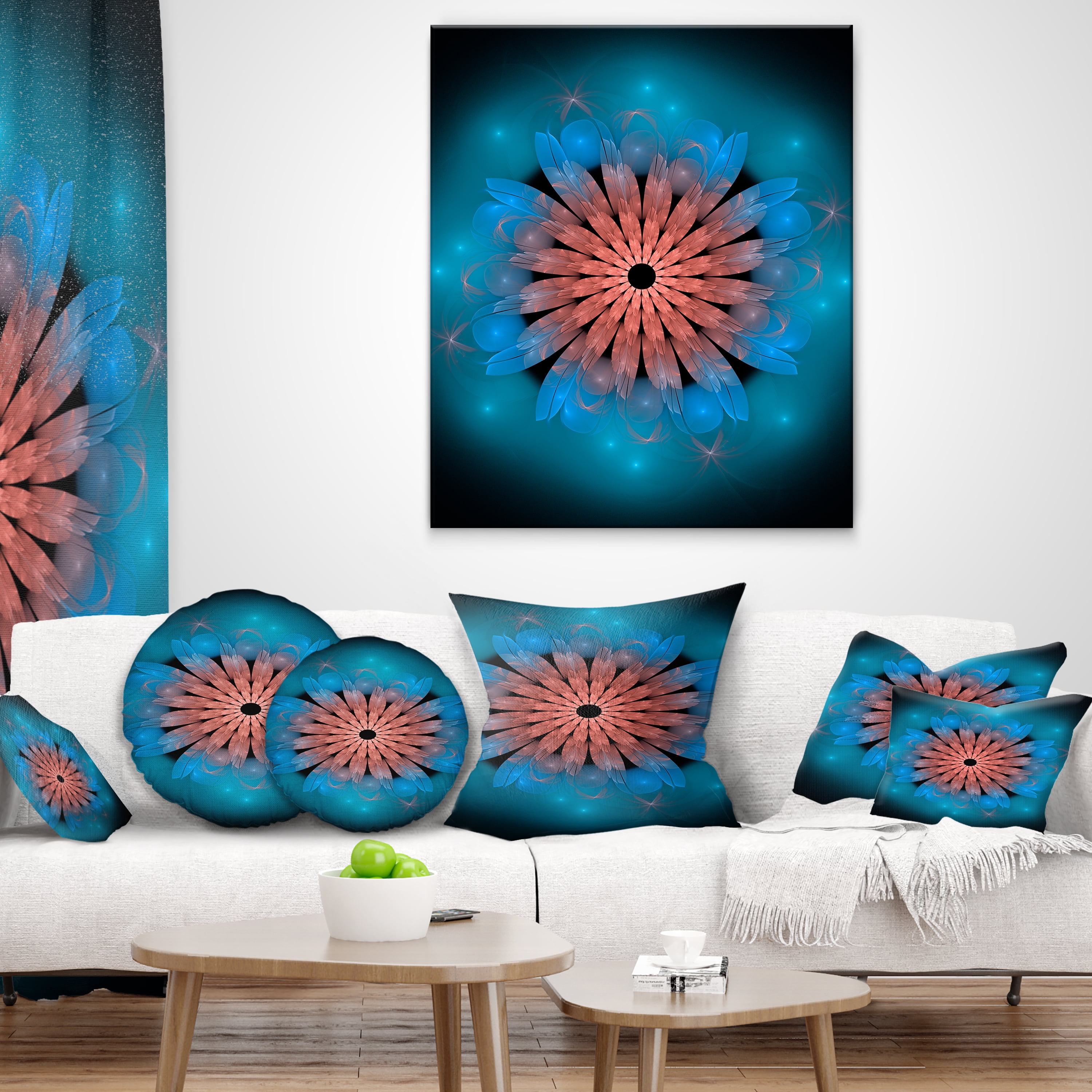 Designart Fractal Blooming Turquoise Flower - Floral Throw Pillow - 12x20