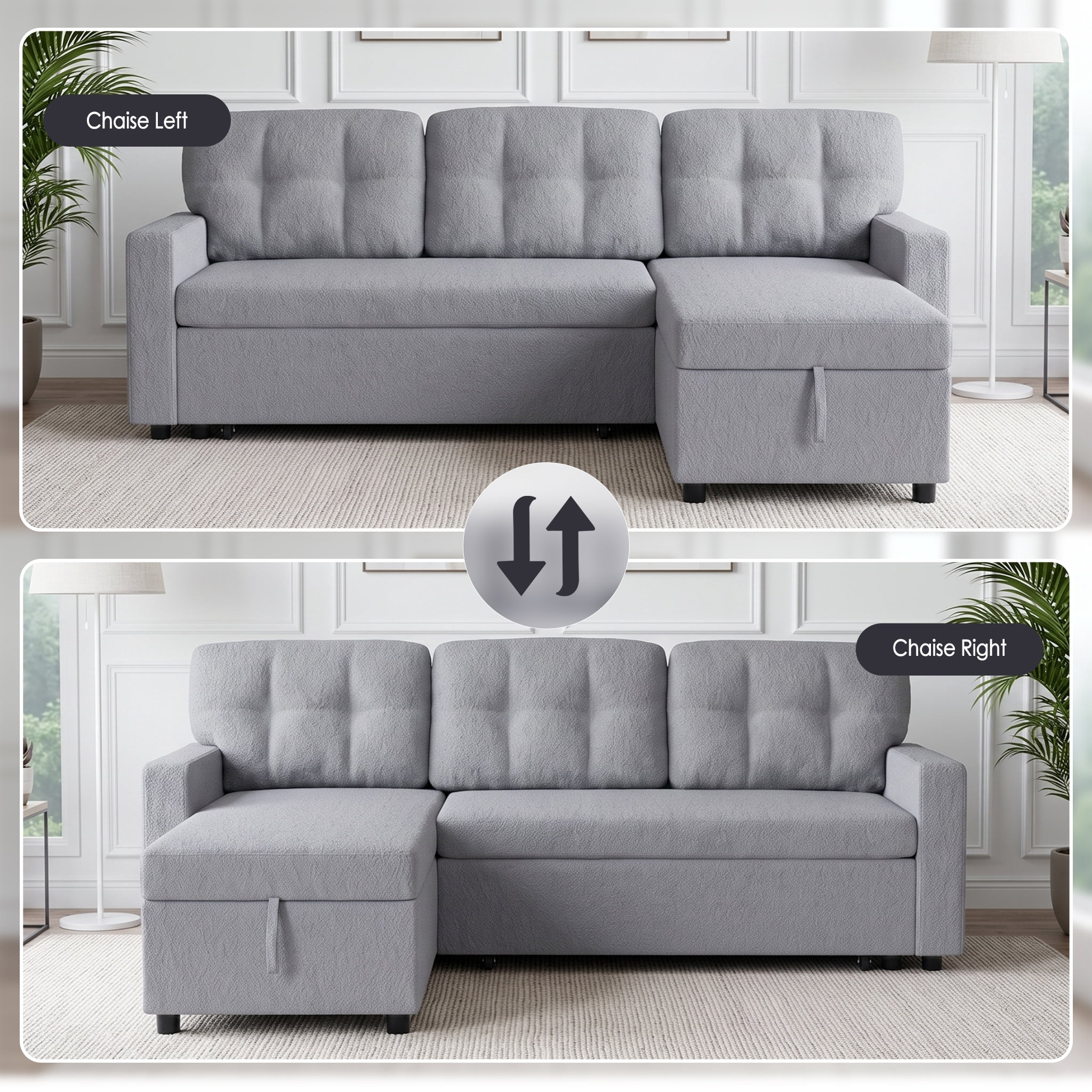 Xiweot Convertible Sleeper Sofa Bed, 82" L Shaped Sectional Couch with Pull Out Bed, Storage Chaise & Reversible Lounge, Teddy Fabric Compact Sectional Sofa for Living Room Apartment (Ligth Grey)