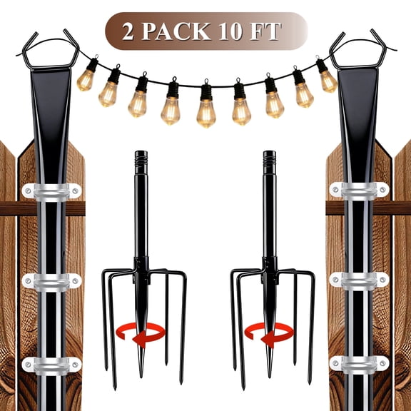 punada 2 Pack 10 ft String Light Poles with Fork Base and Fence Mounting Brackets, Outdoor Metal Light Poles for Outside String Lights, Light Pole Stand for Patio, Deck, Backyard, Garden, Wedding
