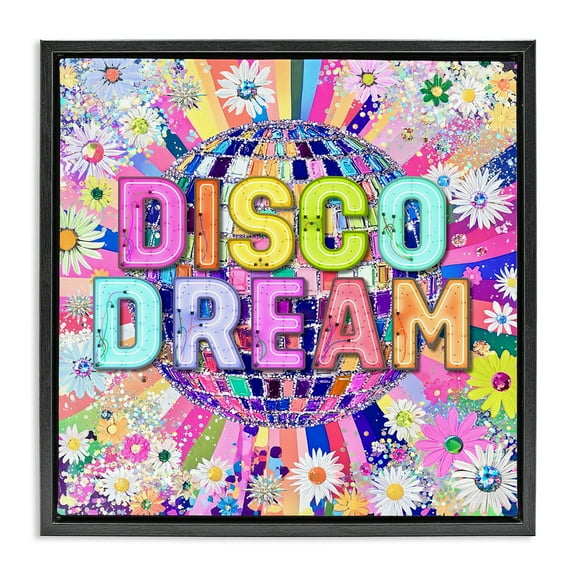 Stupell Industries Vivid Disco Dream with Daisies Quotes and Sayings Painting Black Floater Framed Canvas Art Print Wall Art, 18 x 18