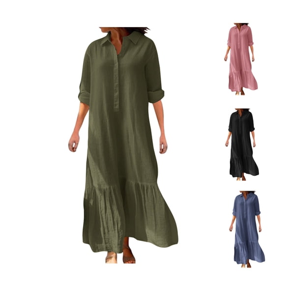 Bixock Plus Size Dresses for Women,Women's Maxi Dresses Solid Long Sleeve V Neck Button Down Cotton Linen Shirt Dress