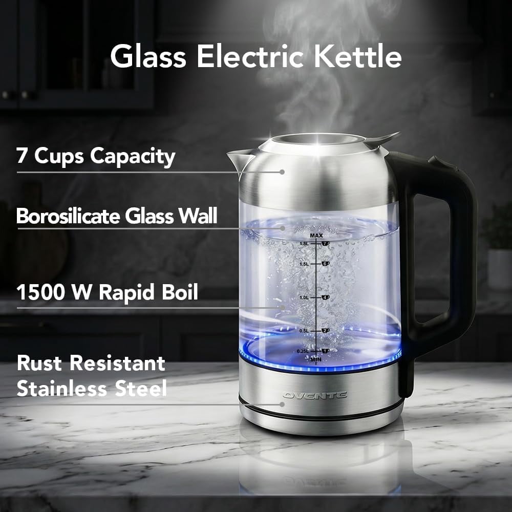 OVENTE Electric Kettle, 1.8L Glass Tea Kettle & Stainless Steel BPA-Free Cordless Electric Kettle, 1500W Fast Boil Electric Pot with Easy-Fill Lid, Auto Shut-Off & Boil Dry Protection, Silver KG751S