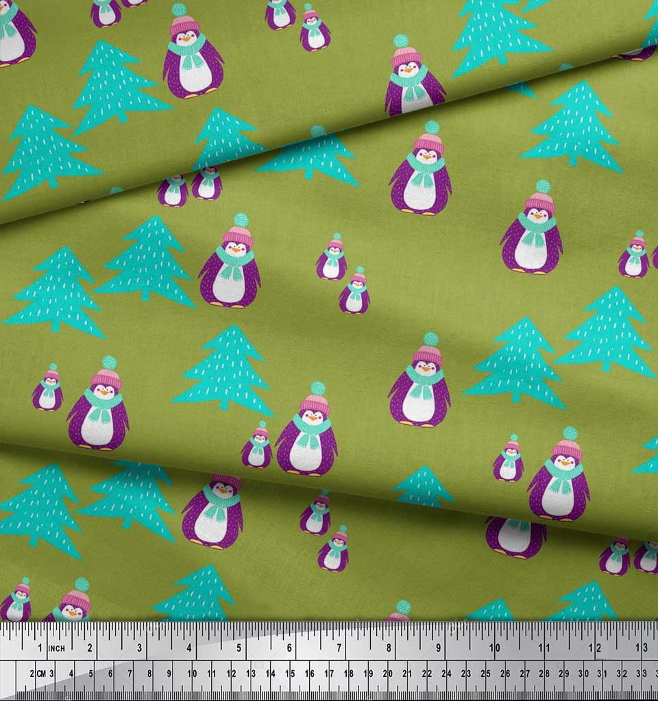 Soimoi Green Georgette Viscose Fabric Snowman & Tree Christmas Print Sewing Fabric Yard 42 Inch Wide