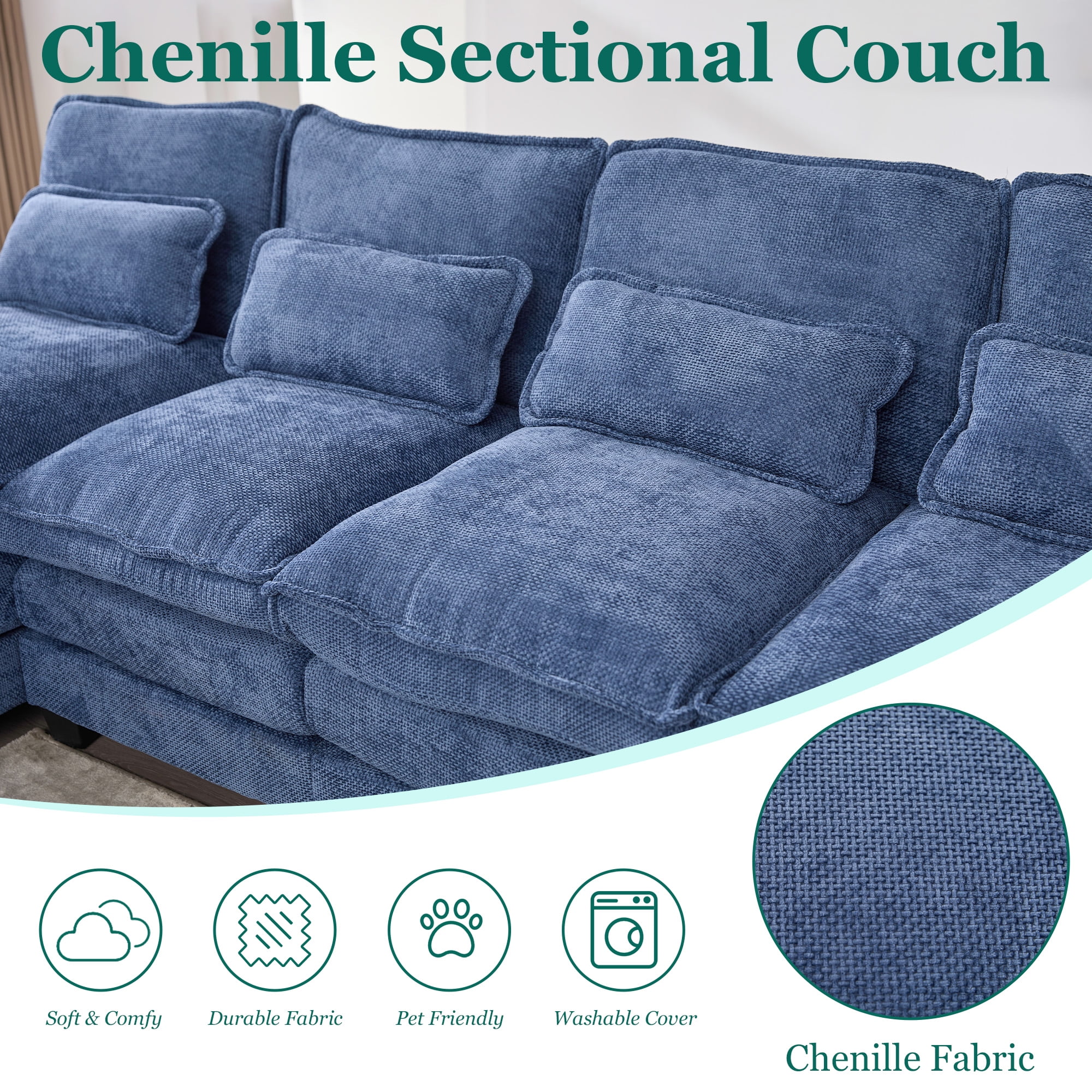 MOONMIS 106" U Shape Sectional Sofa Cloud Couch for Living Room, Upholstery Comfy Modular Sofas, 4 Seat Chenille U-Shaped Sleeper Sofa with Chaise Lounge, Ottoman & Pillows