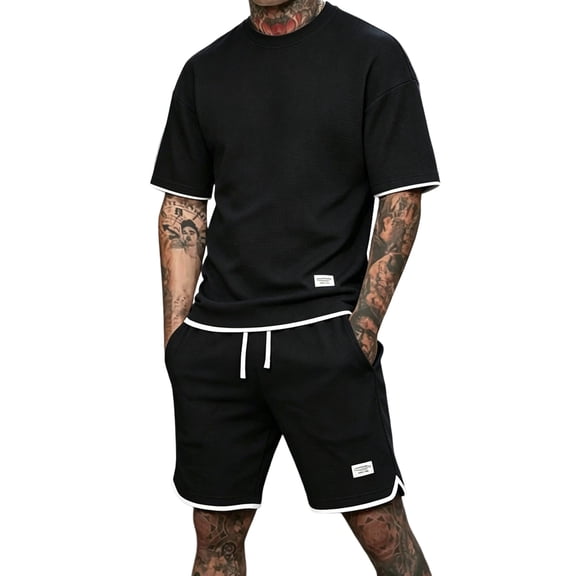 Zimjoy Men's Summer Sets 2 Piece Waffle Outfits Casual Drop Shoulder Short Sleeve T Shirt and Elastic Waist Shorts Set Black L