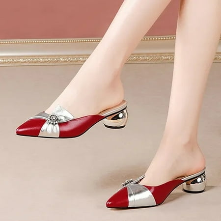 

Women‘s Low Heel Slide Sandals Color-block Rhinestone Decor Slippers