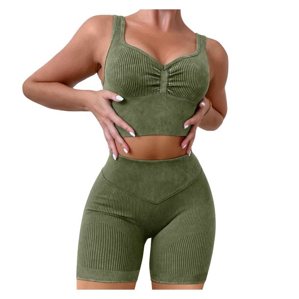 Conjunto de entrenamiento de pantalones cortos deportivos de cintura alta sin costuras de dos piezas para mujer de moda Pompotops ulkah936656