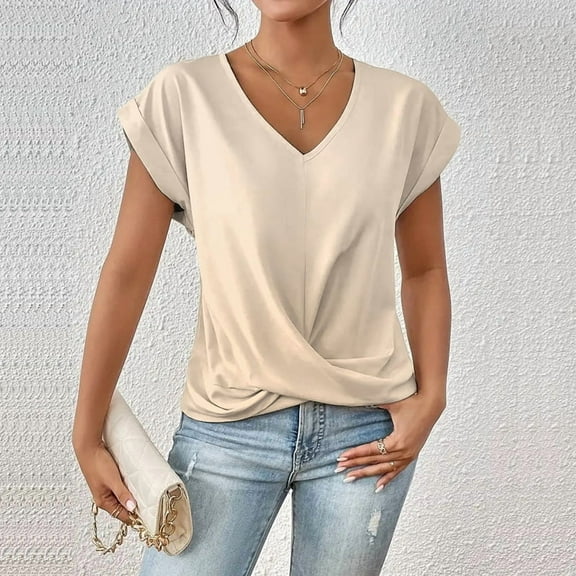 MORTTIC Women's Knotted V-Neck Elegant Short Sleeve Blouse Lightweight Casual Top for Spring Summer Apricot，S