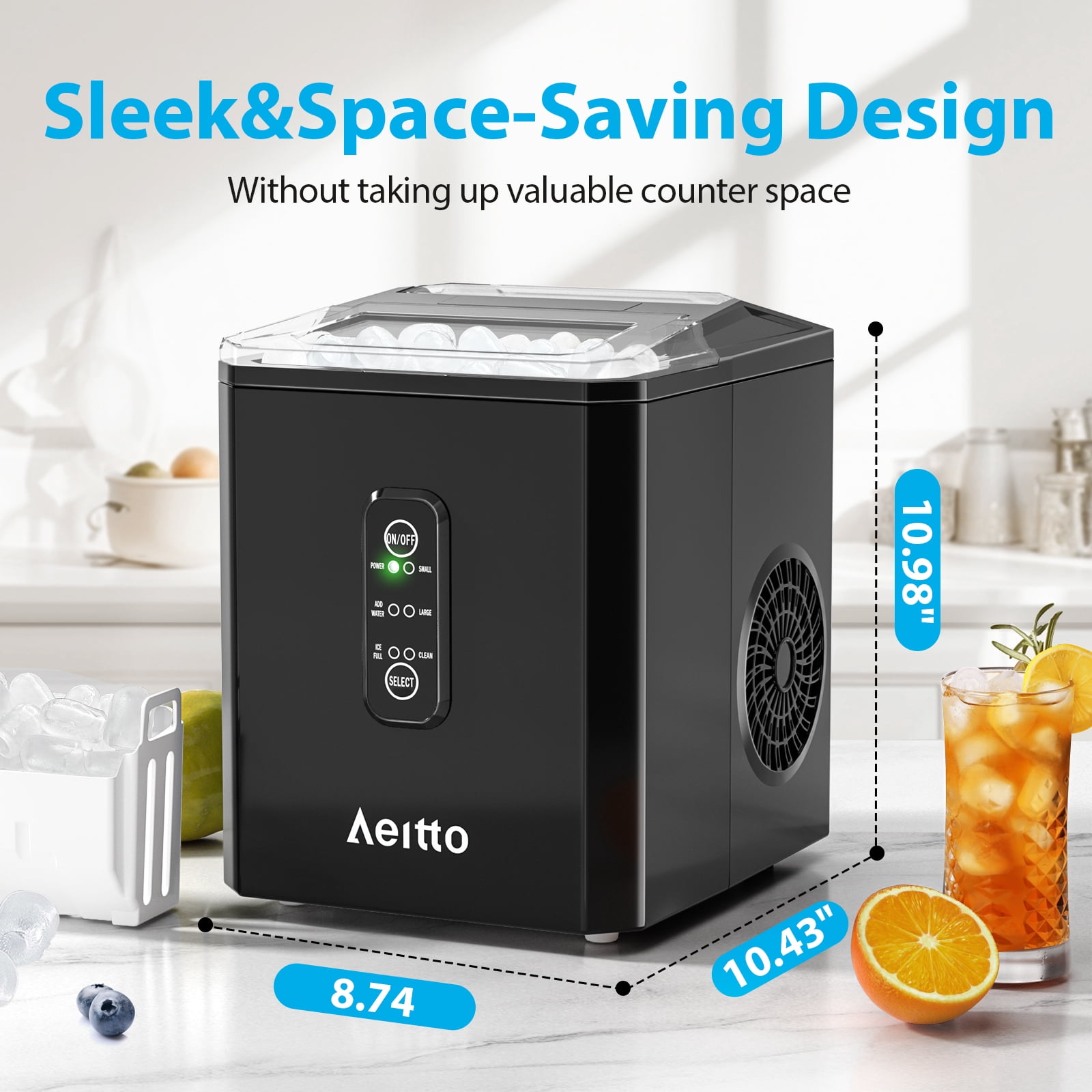 Aeitto Bullet Ice Maker Countertop, 26lbs in 24Hrs, Portable Ice Maker Machine with Self-Cleaning Function,Selectable Ice Size,Ice Machine for Home/Kitchen/Bar