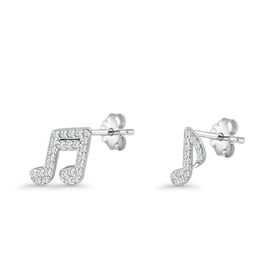 Musical Note Stud Earrings CZ 925 Sterling Silver 7.5mm