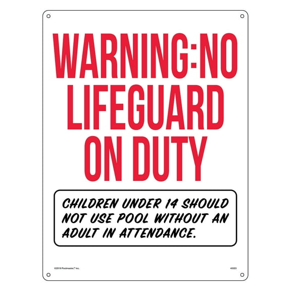 Poolmaster "Warning No Lifeguard on Duty" Sign for Residential or Commercial Swimming Pools and Spas