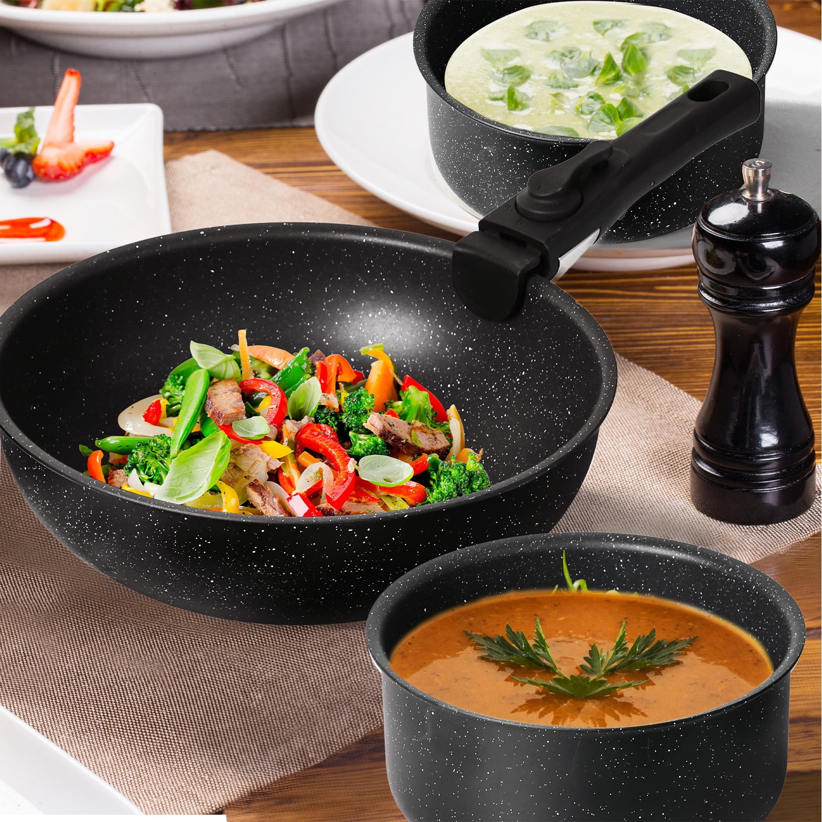 JOINSUN 12 Pcs Pots and Pans Set Nonstick - Stackable Cookware Sets with Detachable Handle, Black