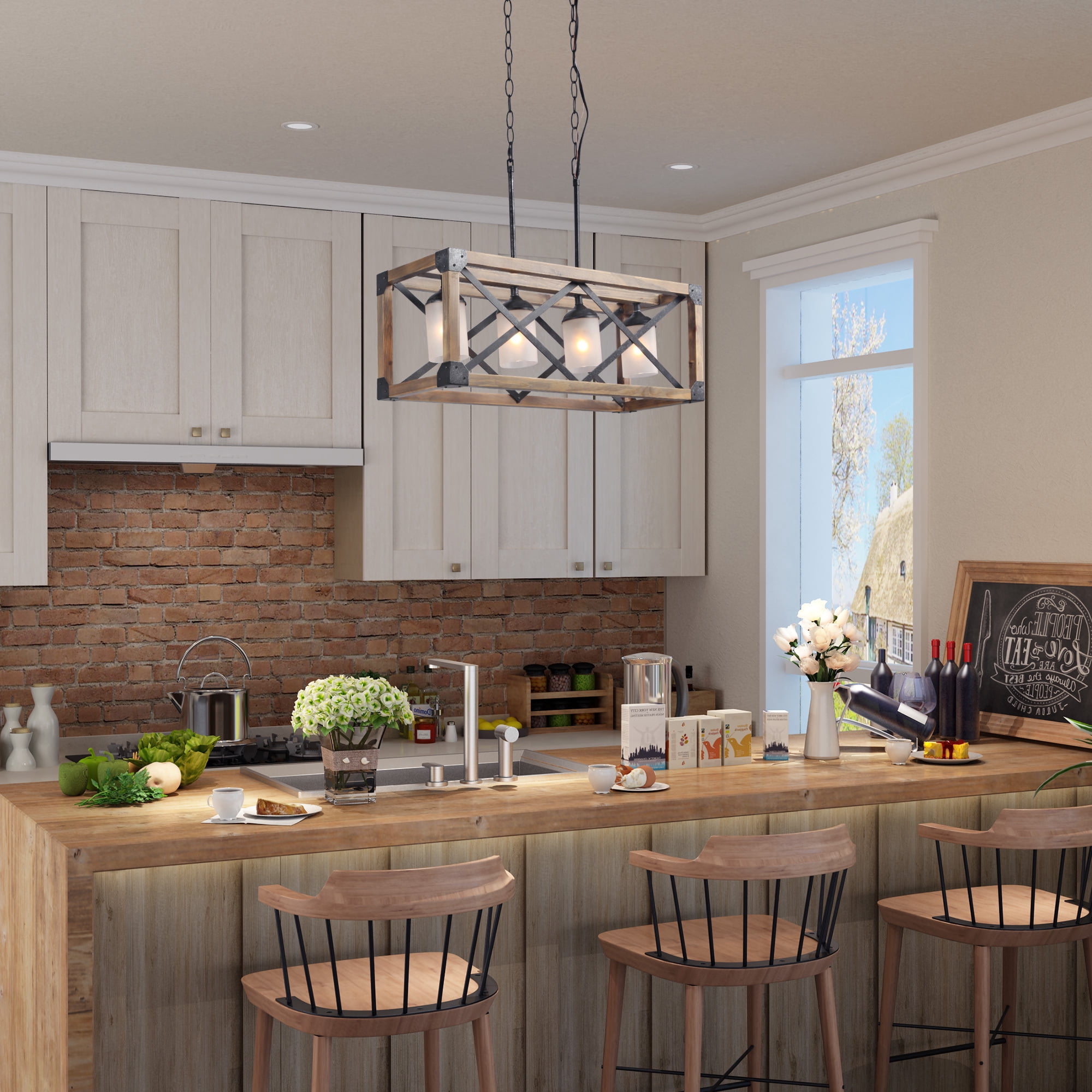 LNC 4 Lights Antique Black and Brown Wood Farmhouse Linear Rectangular Chandelier for Kitchen Island