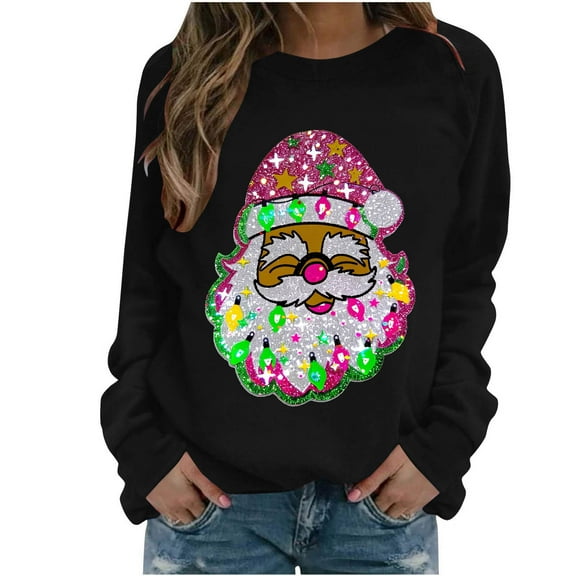 Cavosen Christmas Sweatshirts for Women Crewneck Xmas Cute Santas Print Pullover Sweatshirts Raglan Long Sleeve Casual Loose Sweatshirt Tops Fall Winter Festival Party Clothes