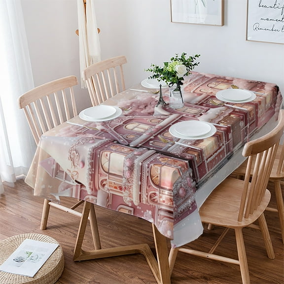 Pink Christmas Tablecloth Rectangle Table Cloth 52x70 , Waterproof Tablecloth Outdoor Table Cloth, Xmas House Pink Winter Snowflake Washable Table Cover for Kitchen Dining Party