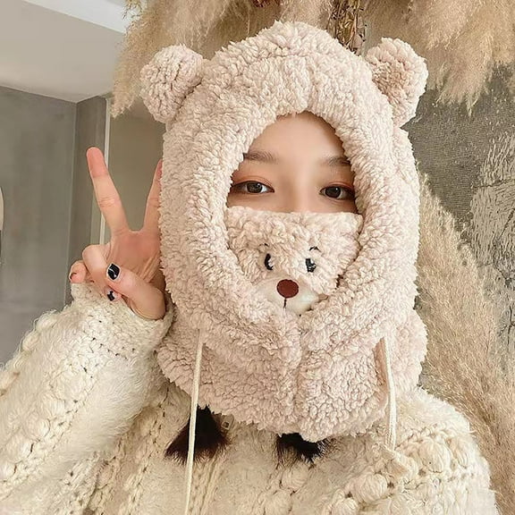 Herrnalise Cute Bear Mask One-Piece Hat Women's Winter Cycling Warm Windproof Winter Bear Hat Scarf Winter Scarf