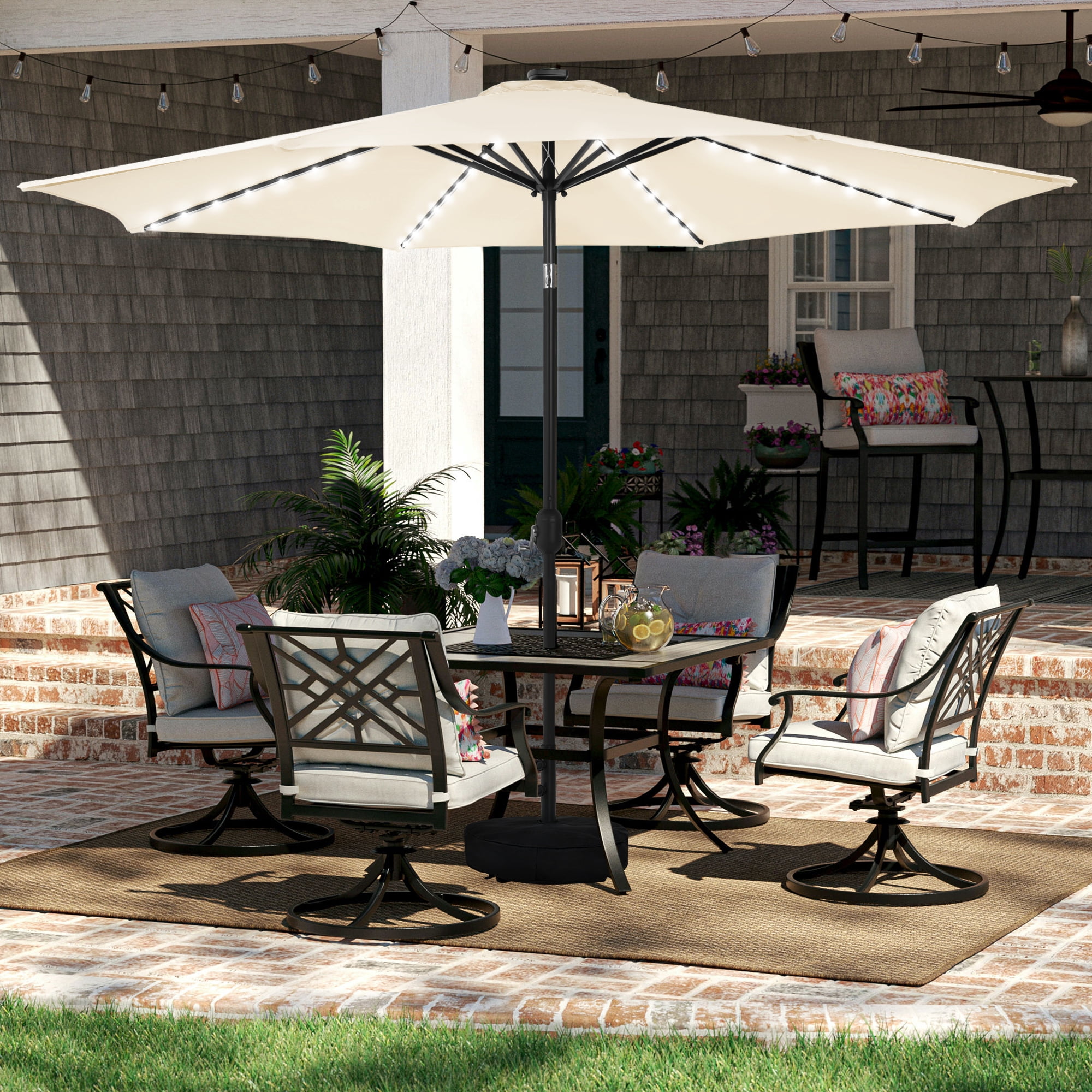 HARBOURSIDE 11ft Solar-Powered Outdoor Umbrella with LED Lights - 13 Solar LED Bulbs, Heavy Duty Base & Sand Bag for Patio/Garden/Poolside, Waterproof UV-Resistant Sun Shade Canopy,Beige