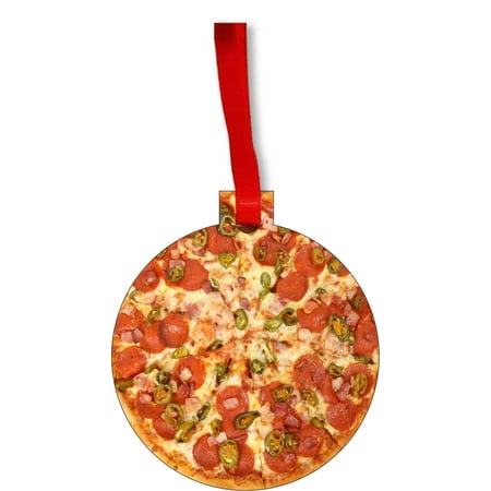 Cheesy Christmas Cheesy Pepperoni Pizza Pie Round Shaped Flat Hardboard Christmas Ornament Tree Decoration - Unique Modern Novelty Tree Décor Favors ()
