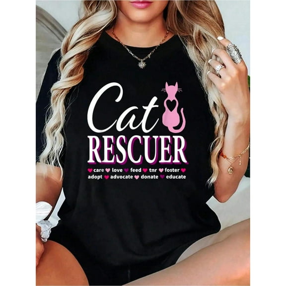Women's Cat Rescue Graphic T-Shirt – 100% Cotton Black Tee with Playful Cat Silhouette & "Rescue Love Foster Adopt" Slogan, Round Neck Shirt for Animal Welfare Awareness
