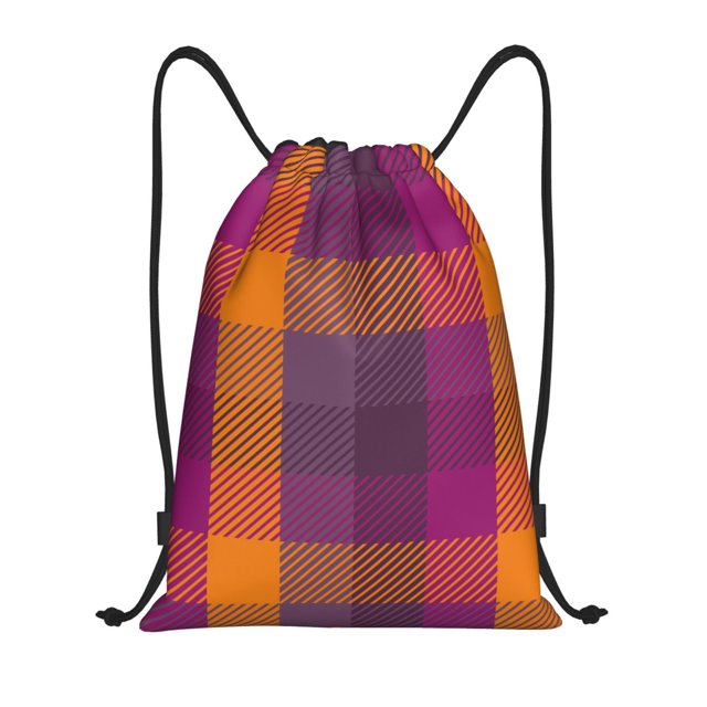 Xecao Purple Yellow Buffalo Plaid Pattern Sports Drawstring Backpack - String Swim Gym Bag with Wet Proof Pocket for Women&Men-Small