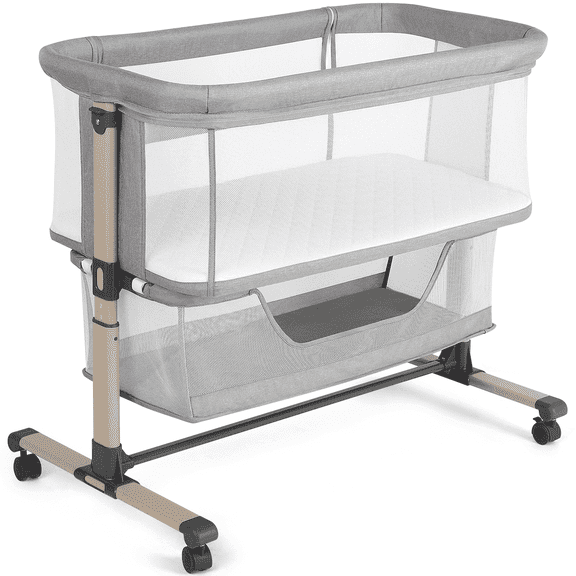 Cowiewie Bassinet Bedside Sleeper, Portable, Breathable, Adjustable Baby Bedside Bassinet, Light Grey