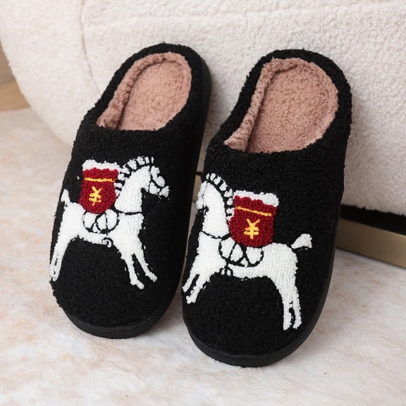 Fuzzy Slippers For Women Cartoon House Slippers Fluffy Cute Slippers Warm Soft Plush Lined Shoe Black 36