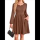 thumbnail image 1 of Vestido de Mujer con Mangas Largas Tipo Farol, Cuello Redondo, Falda Evasé, Moda de Otoño Marrón Oscuro XL, 1 of 7