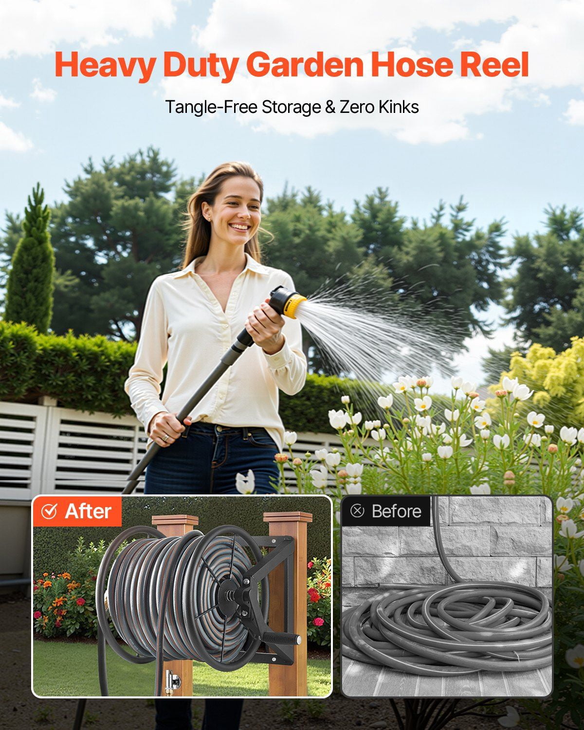 Wall Mounted Garden Hose Reel 200ft 5/8 in Manual Hose Winder Brass Fitting