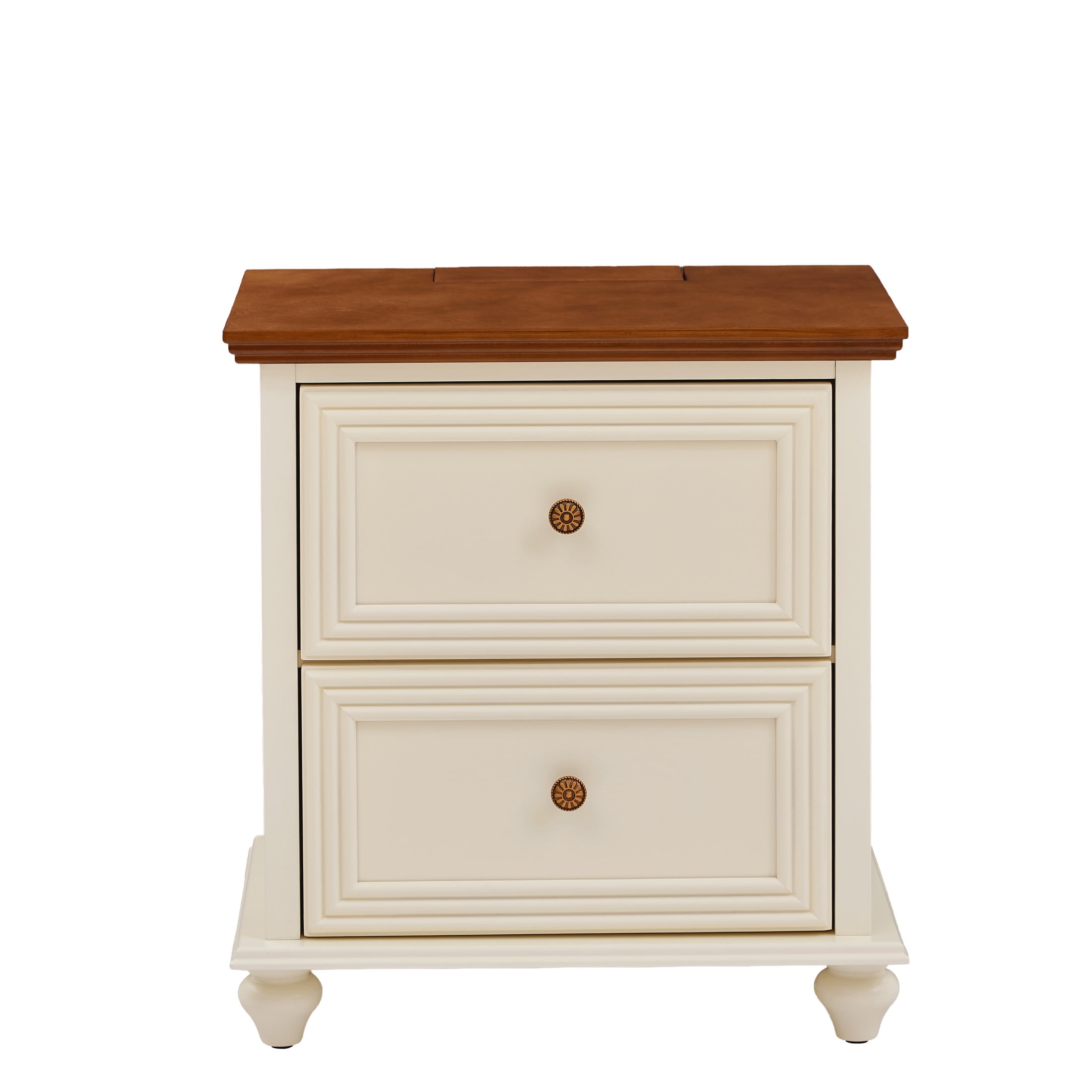 GDF Studio 22.9" Mid Century Modern Nightstand with Charging Station, 2 Drawers & Outlet, Brown+White