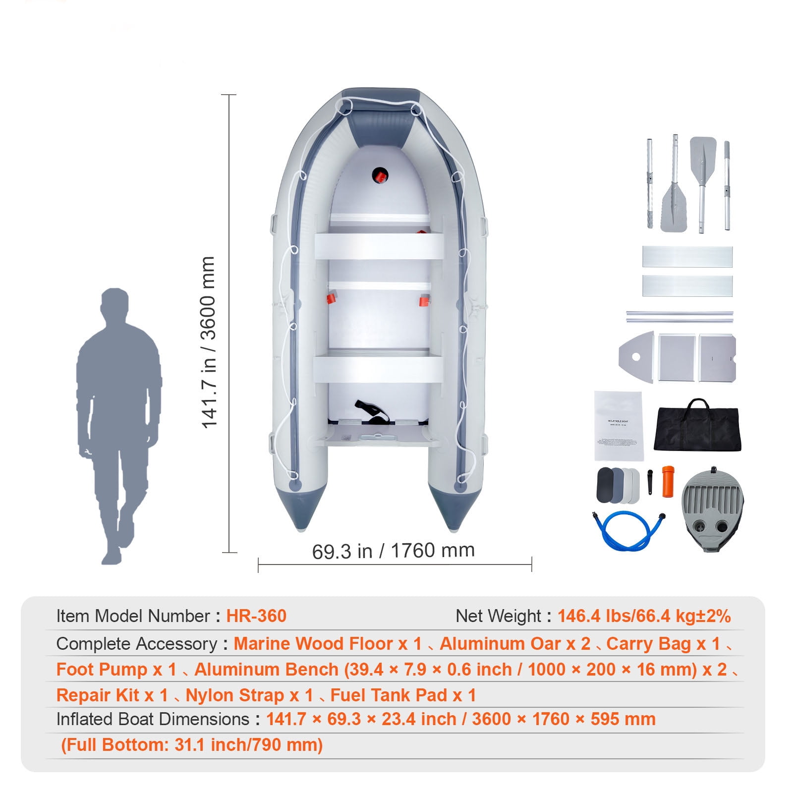 KFFKFF 6-Person Sport Inflatable Dinghy Boat Tender Fishing Boat with Wood Floor