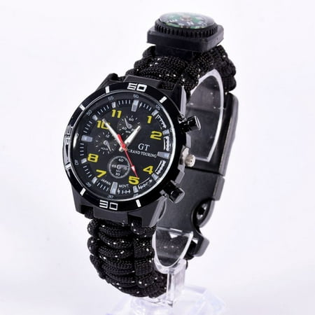 CHLTRA Paracord Survival Watch Compass Flint Thermometer Whistle Multi-function 6-in-1 Hiking Sailing
