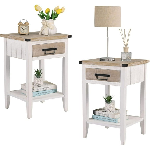 RUSTOWN Farmhouse Bedside Table Set of 2, Rustic Nightstand with Drawers and Open Shelf, Side Table End Tables for Bedroom/Living Room/Lounge (Vintage White)