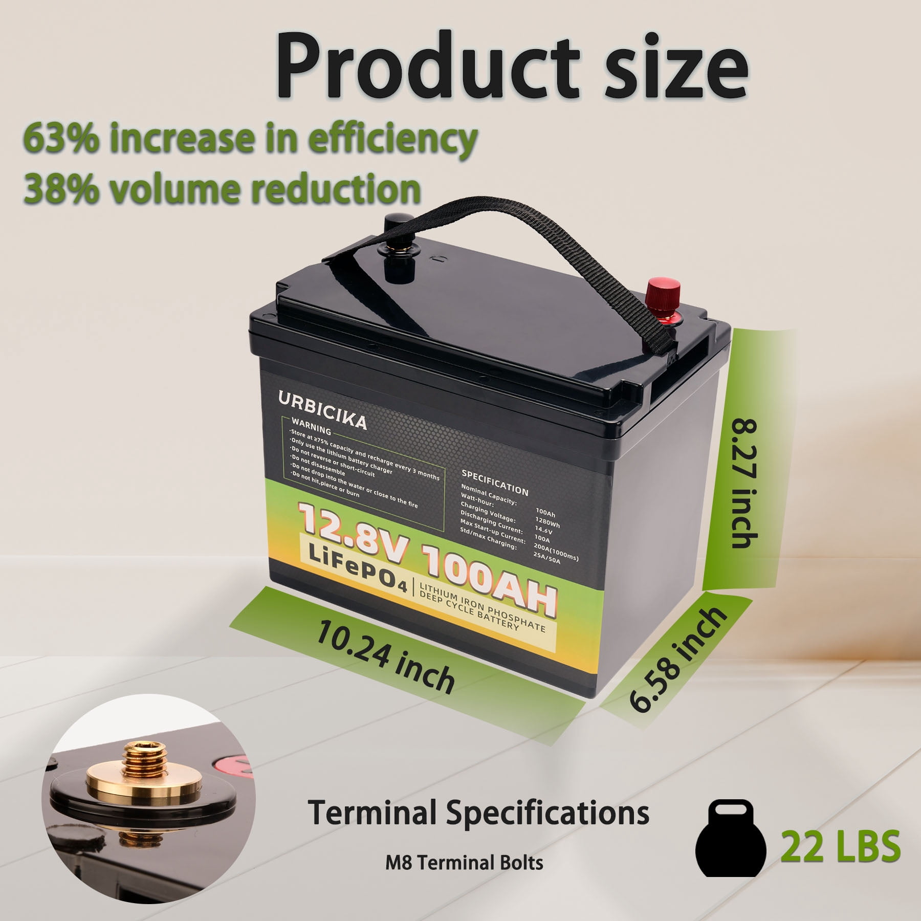 Eurobike 12V 100AH LiFePO4 Lithium Battery with 100A BMS, Lightweight for RV, Solar, Trolling Motor, Energy Storage