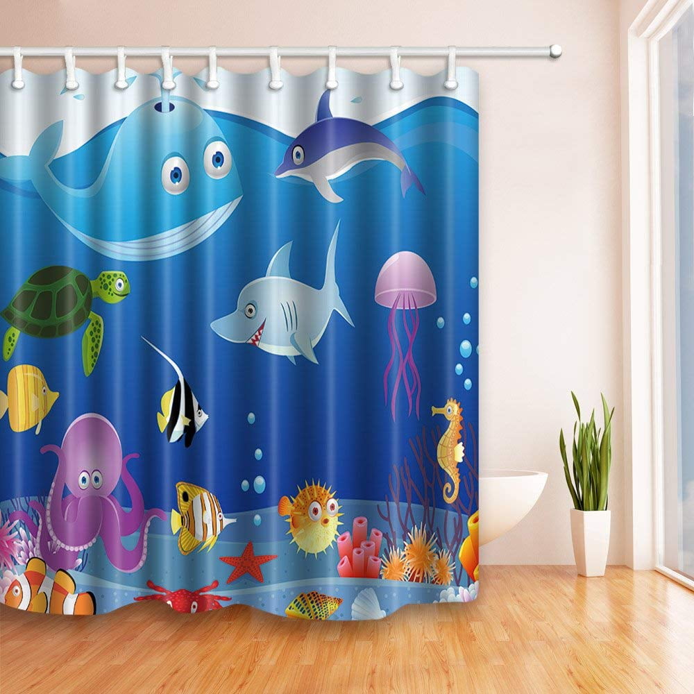 Kid Bathtub Decor Blue Ocean Undersea Fish Polyester Fabric Shower Curtain 66x72 