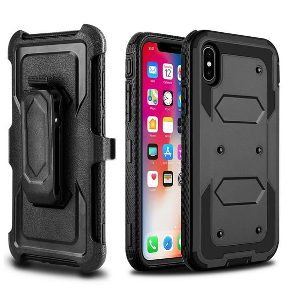 iPhone X Case, Mignova Full Body Protective Rugged Plastic Heavy Duty Armor Holster Defender Hybrid Case Cover with Belt Swivel Clip and Kickstand for Apple iPhone X (Black)