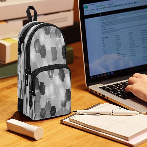 Backpack Pencil Case, 3 Compartment Large Capacity Oxford Fabric Pencil Pouch / Futuristic Sparkle Hex Tile