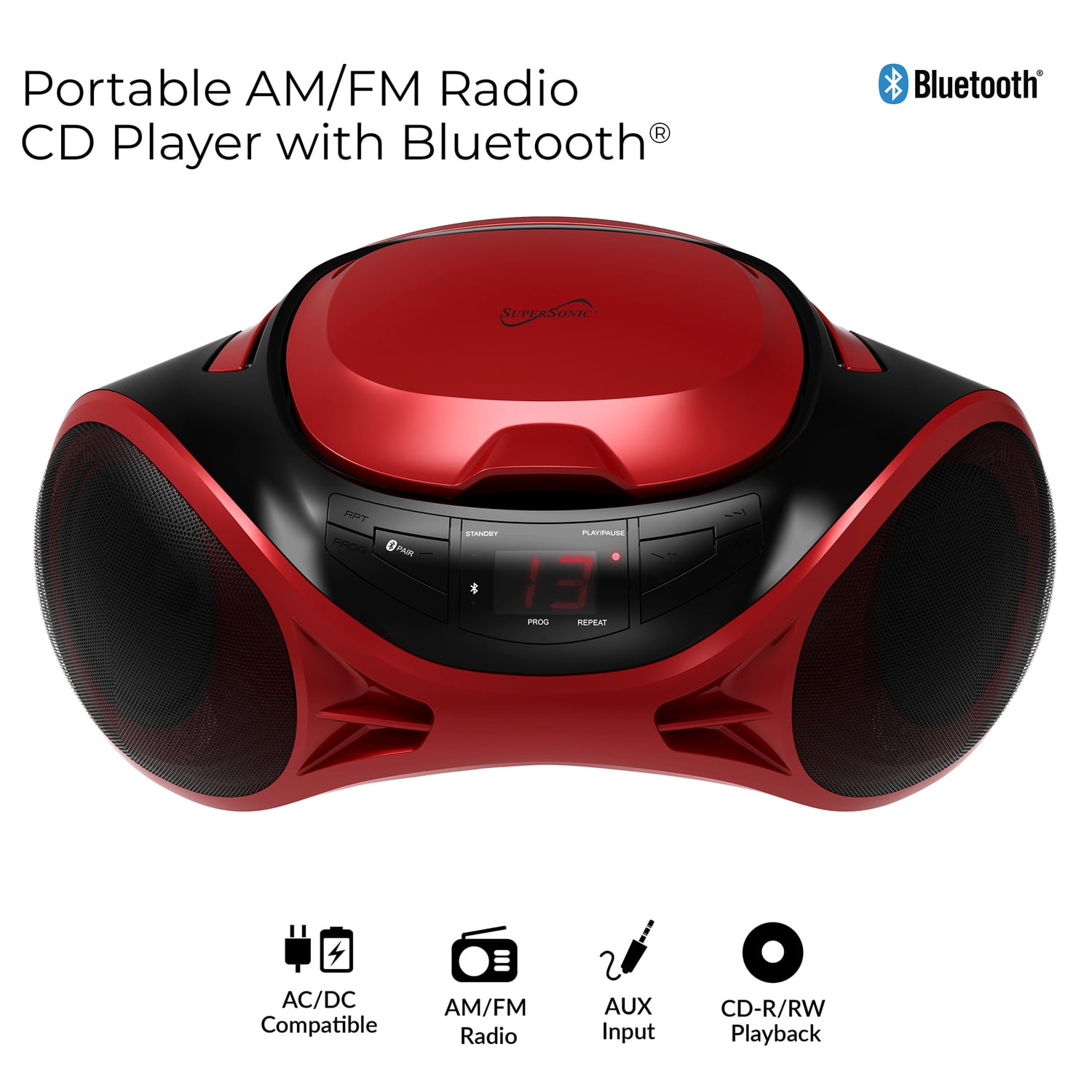 Supersonic 3-Watt-RMS Portable Bluetooth CD Music System with Built-in Speakers, CD Player, AM/FM Radio, and Aux, Dual Power, SC-726BT (Red)