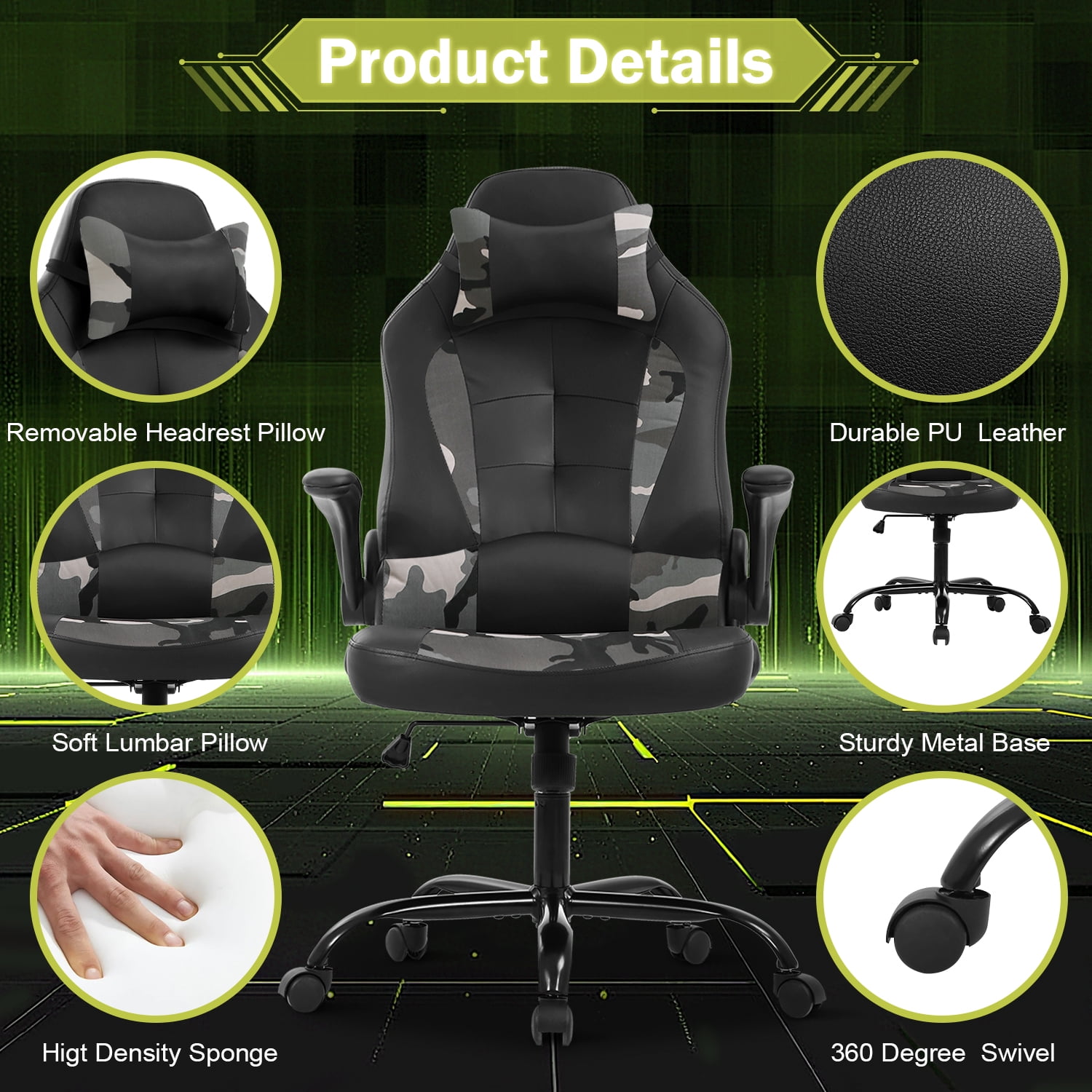 Video Game Chair High Back Gaming Chair PU Leather Racing Chair with Headrest Lumbar Support & Flip-up Arms , Adjustable Gamer Chair for Adults & Kids, Camo