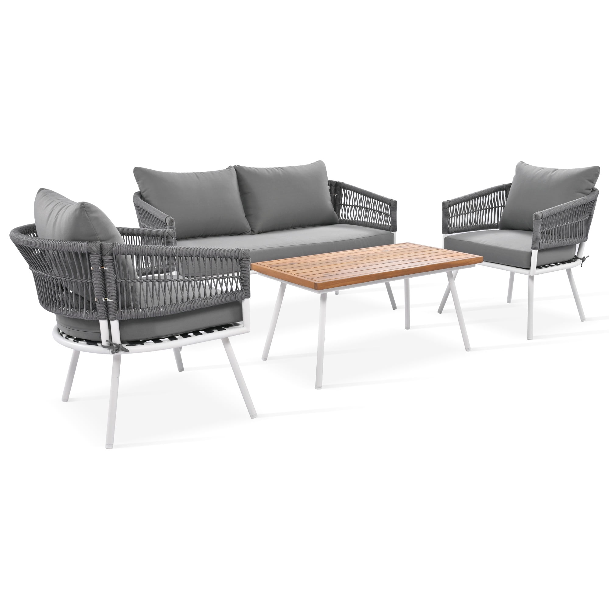 Aimee Lii 4-Pieces Boho Patio Furniture Set, Patio Conversation Set with Acacia Wood Table and Thick Cushion, Outdoor Furniture for Backyard Porch Balcony, Gray Aimee Lii 4-Pieces Boho Patio Furniture Set, Patio Conversation Set with Acacia Wood Table and Thick Cushion, Outdoor Furniture for Backyard Porch Balcony, Gray