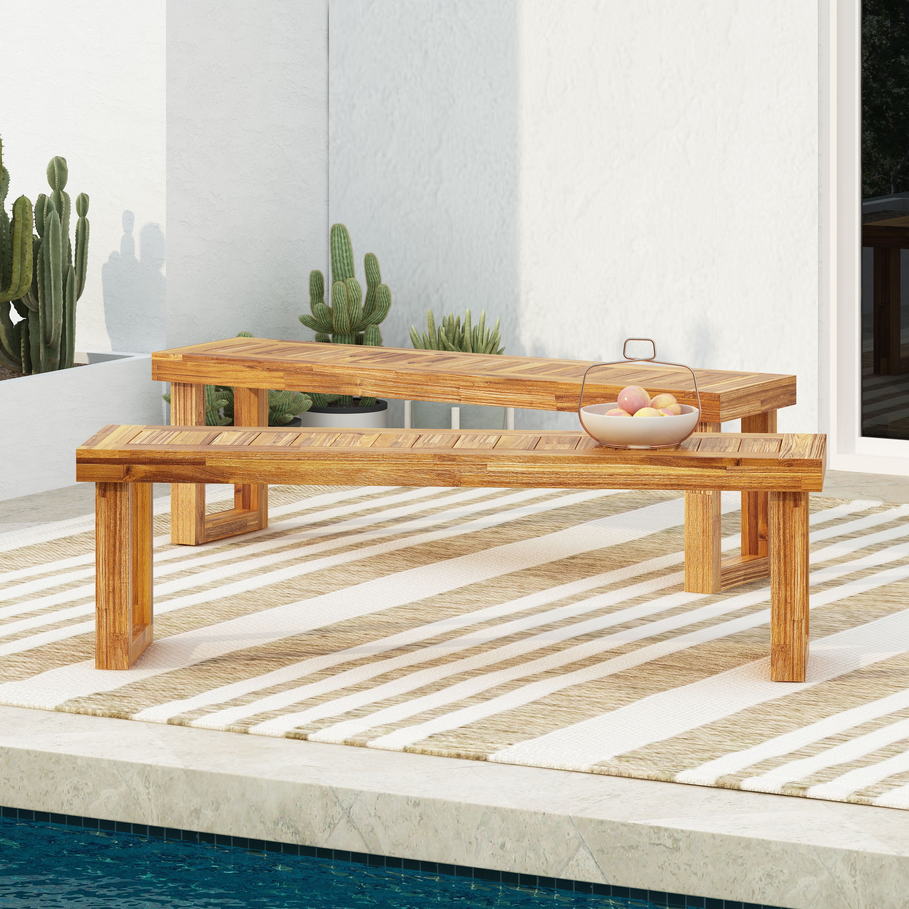 Outdoor Solid Wood Bench Set of 2, Acacia Wood Leisure Benches for Patio Garden, Natural