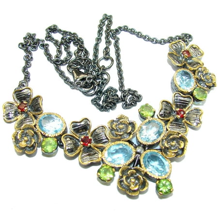 14k Floral Design - Floral Design Swiss Blue Topaz 14K Gold over .925 Sterling Silver handcrafted necklace by SilverRush Style