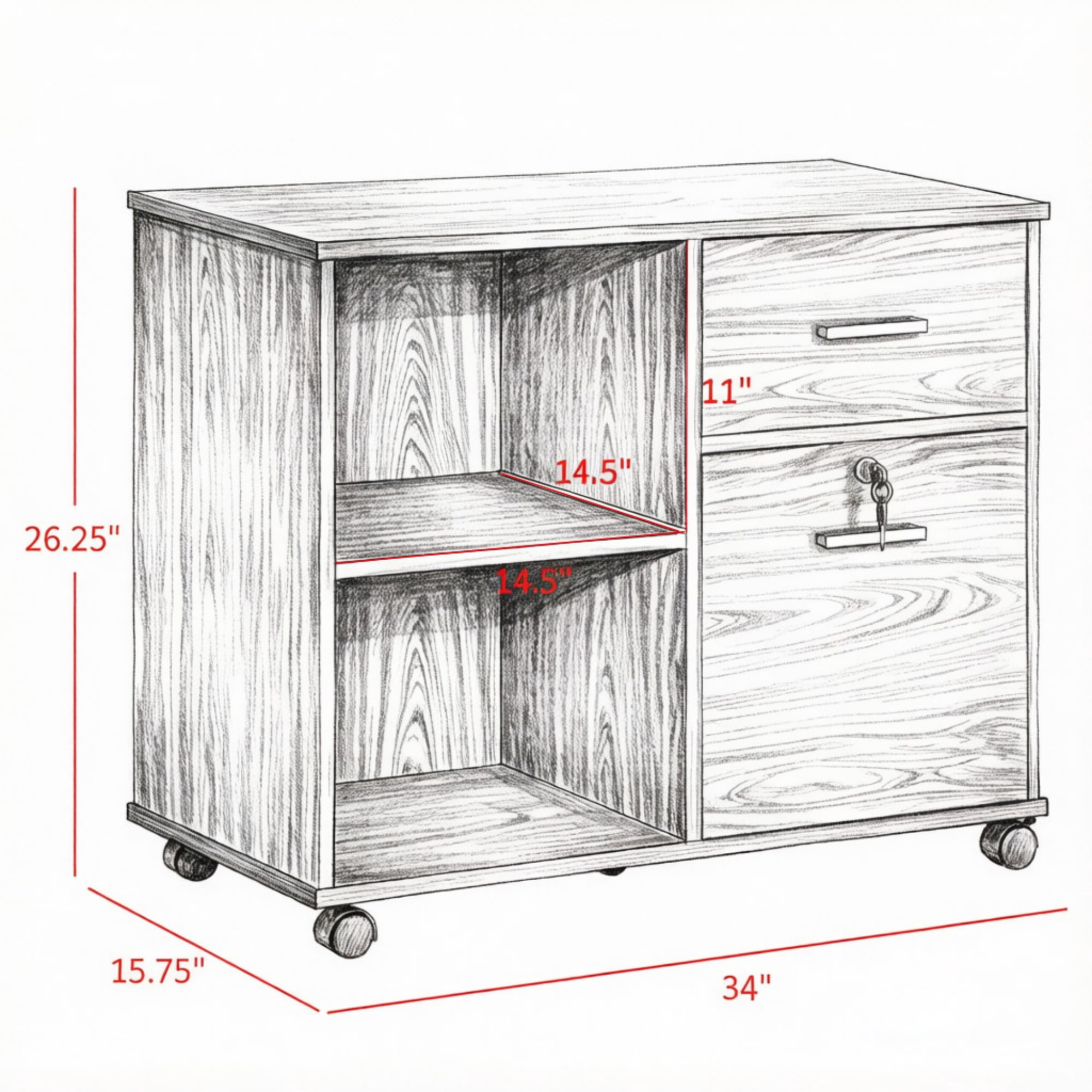Printer Cabinet with Lockable Drawer and Rolling Casters for Office